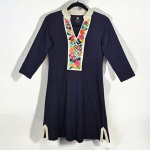 Spartina 449 Tunic Dress Navy Blue Embroidered V Neck‎ Woman XS Made in Peru